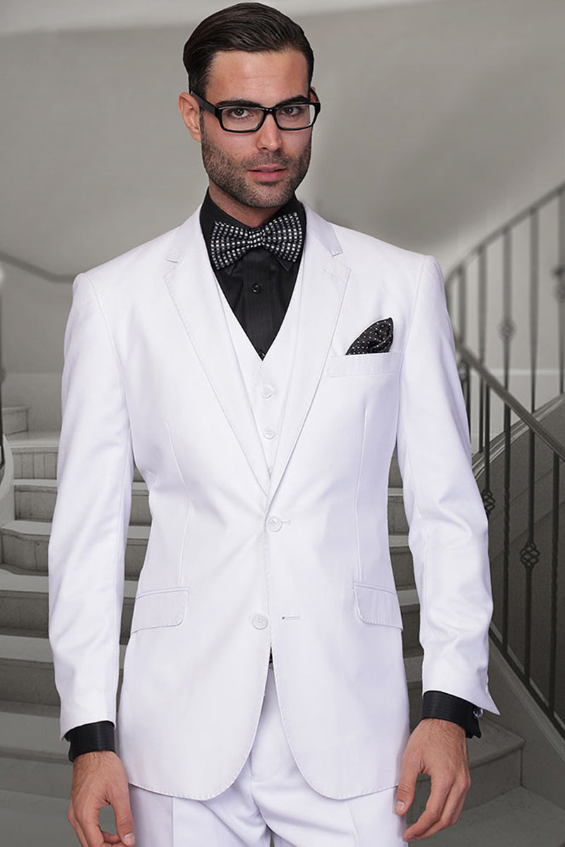 Men’s Modern Fit Designer Vested Extra Long Wool Suit in White