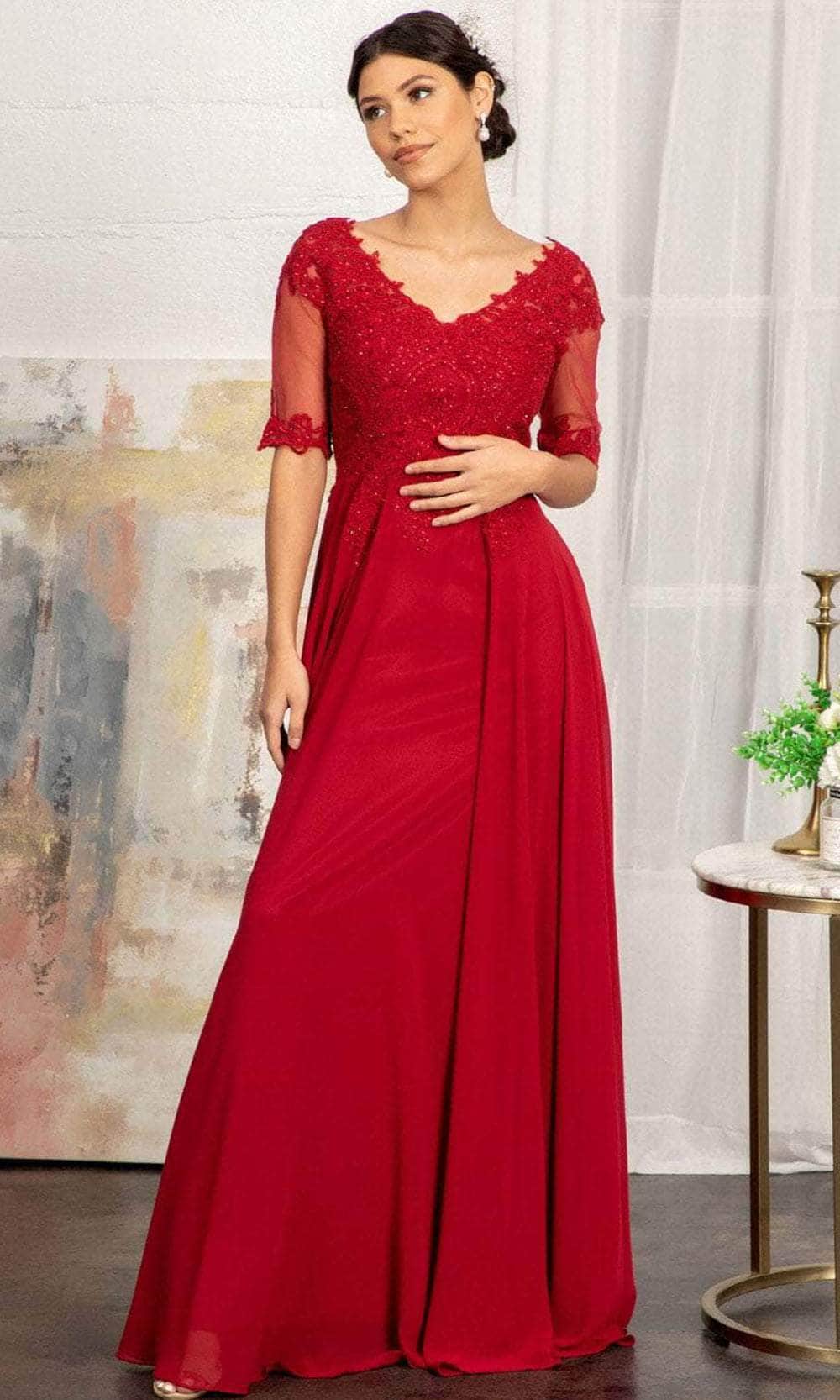 Applique-Ornate Quarter Sleeve Evening Dress
