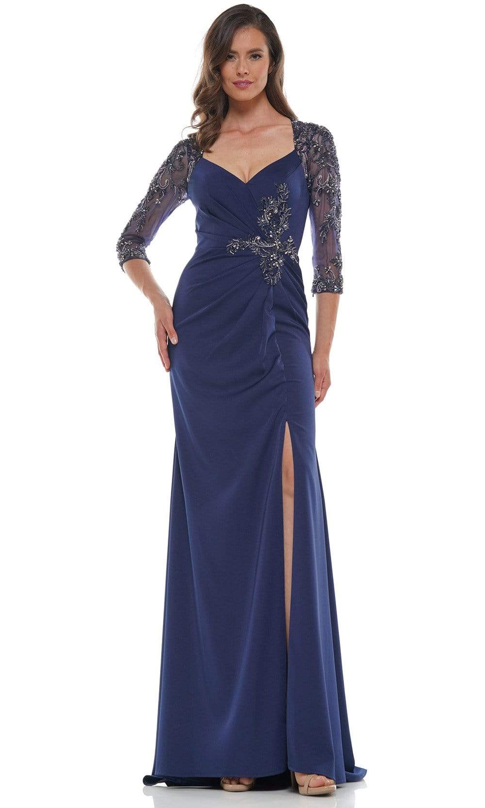MV1070 Beaded Sheer Sleeves V Neckline Slit Gown