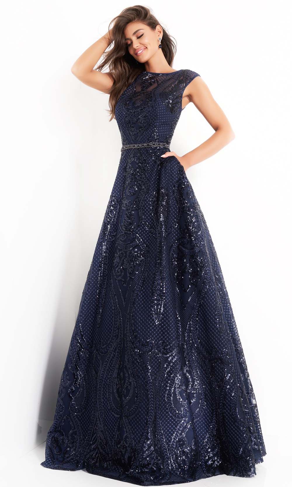 02514 Cap Sleeve Sequin Embroidered A-Line Gown