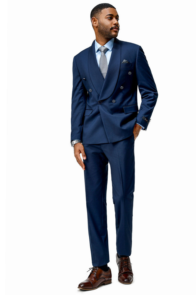 Men’s Modern Fit Double Breasted Shawl Lapel Suit in Navy