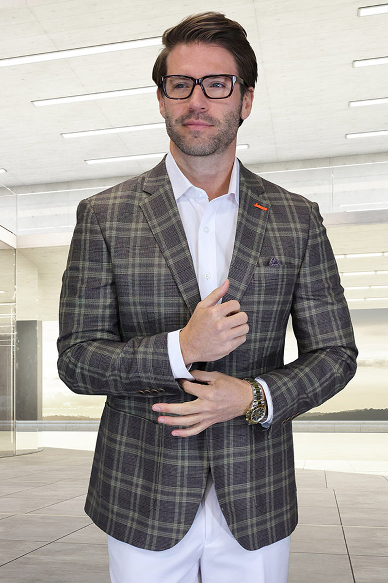 Men’s Modern Fit Patch Pocket Designer Wool Summer Blazer in Brown Windowpane Plaid