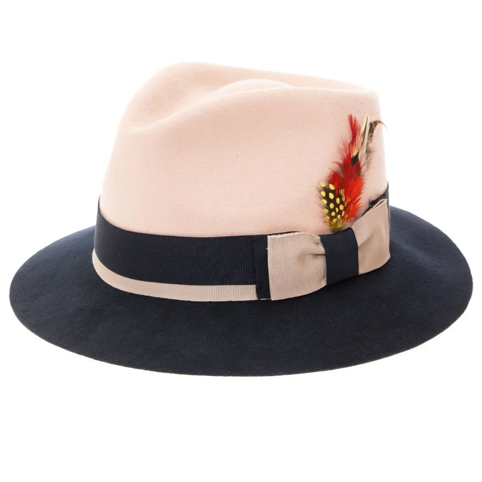 Men’s Two Tone Trilby Fedora Dress Hat with Contrast Band in White & Navy