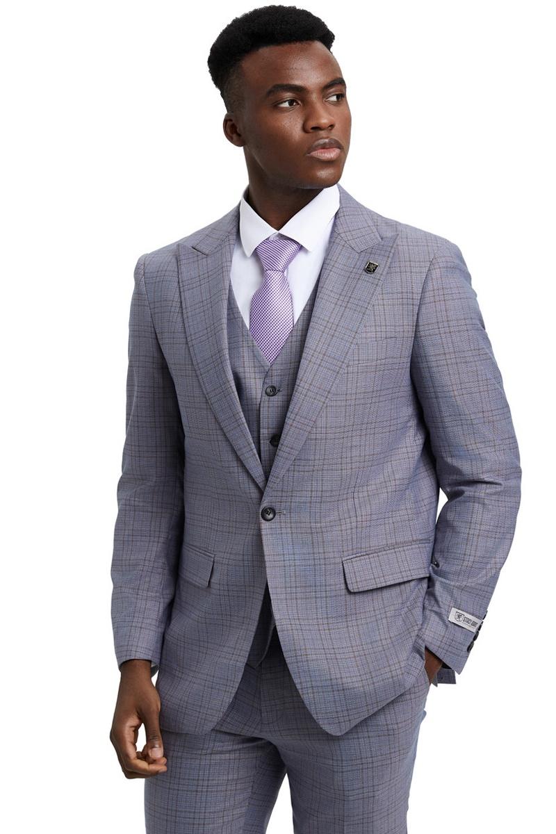 Men’s Stacy Adams Vested One Button Wide Peak Lapel Windowpane Plaid Suit in Light Grey