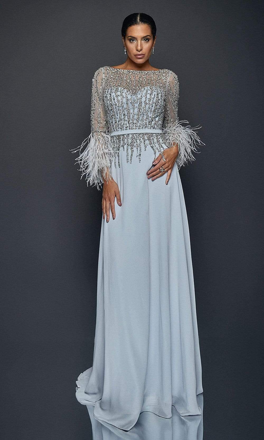 1921M0473 Feather-Fringed Quarter Sleeve Jeweled Gown