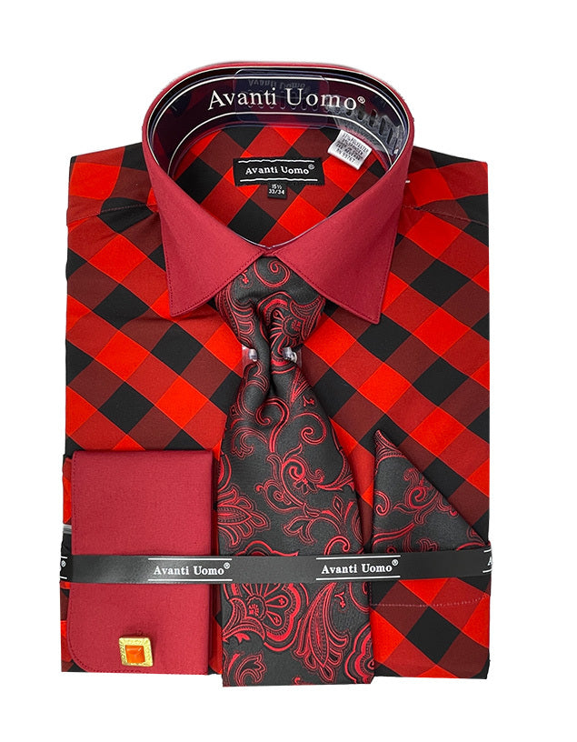 Men’s Contrast Collar French Cuff Check Dress Shirt Set in Red