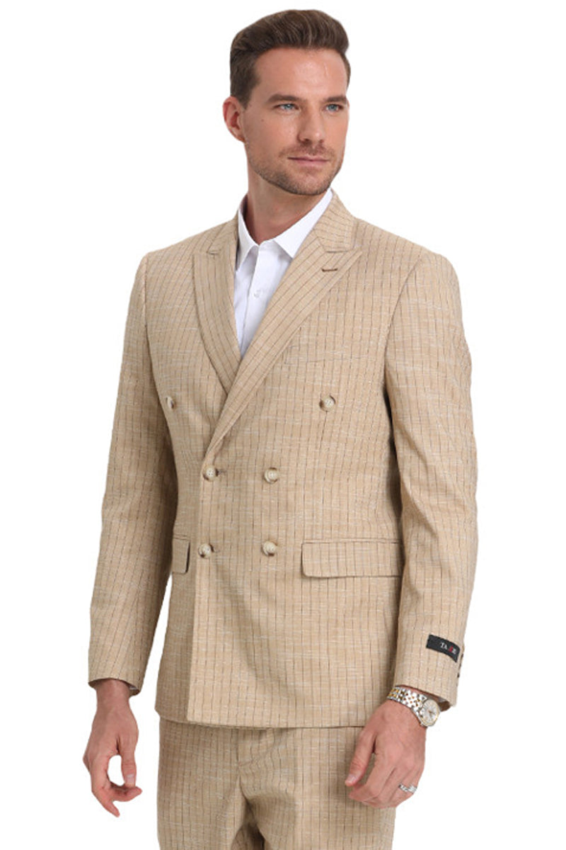Men’s Slim Fit Double Breasted Summer Suit in Khaki Pinstripe