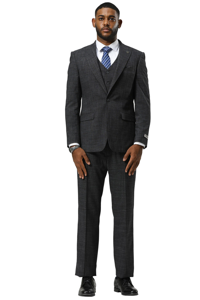 Men’s Stacy Adams One Button Peak Lapel Vested Sharkskin Suit in Charcoal