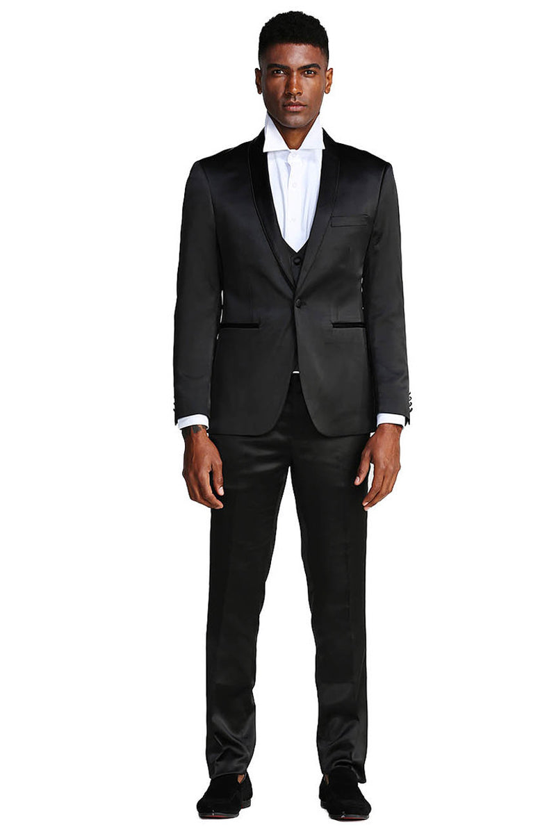 Men’s Slim Fit Vested Shiny Satin Prom & Wedding Tuxedo Suit in Black