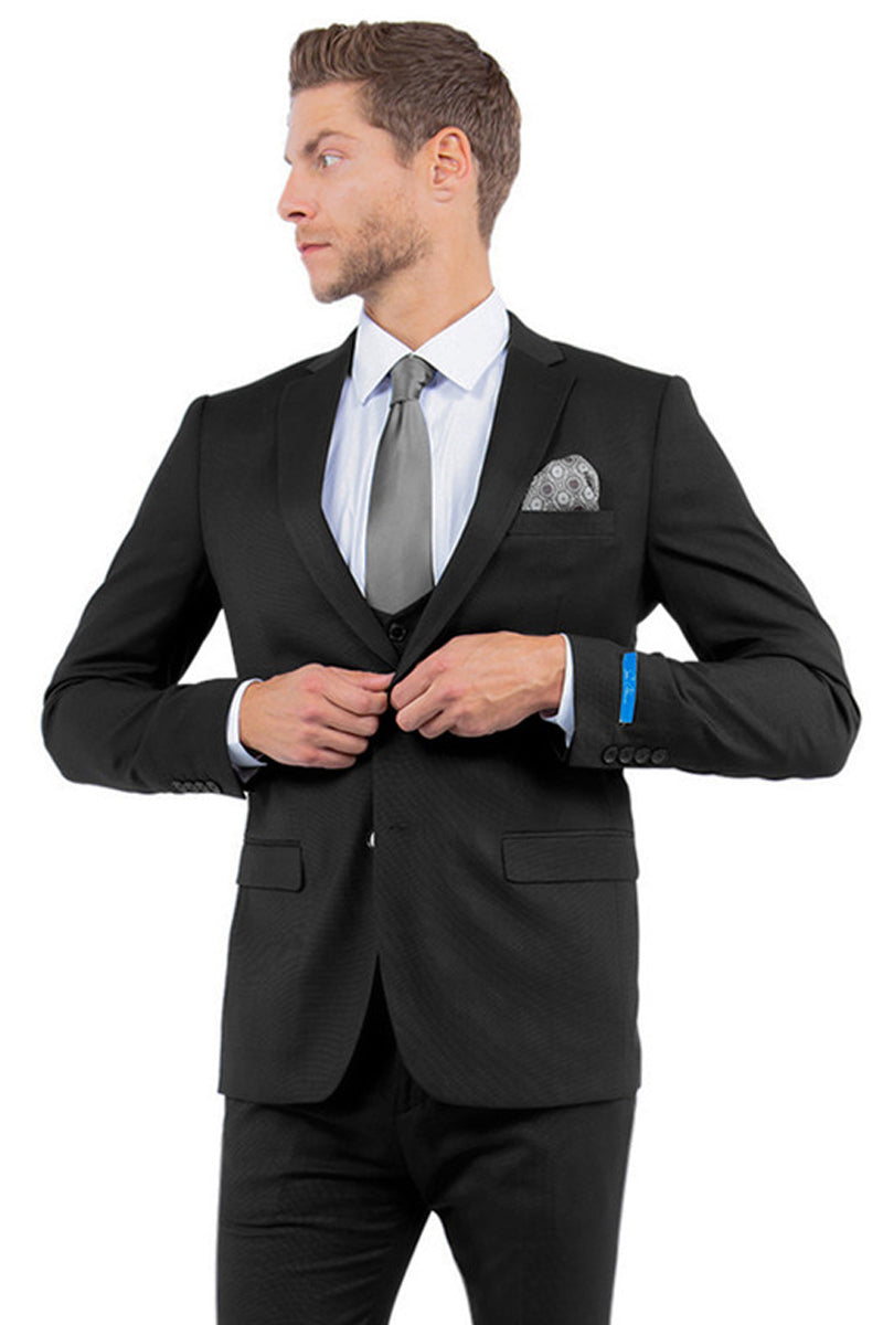 Men’s Two Button Vested Sharkskin Suit with a Scoop Vest in Black