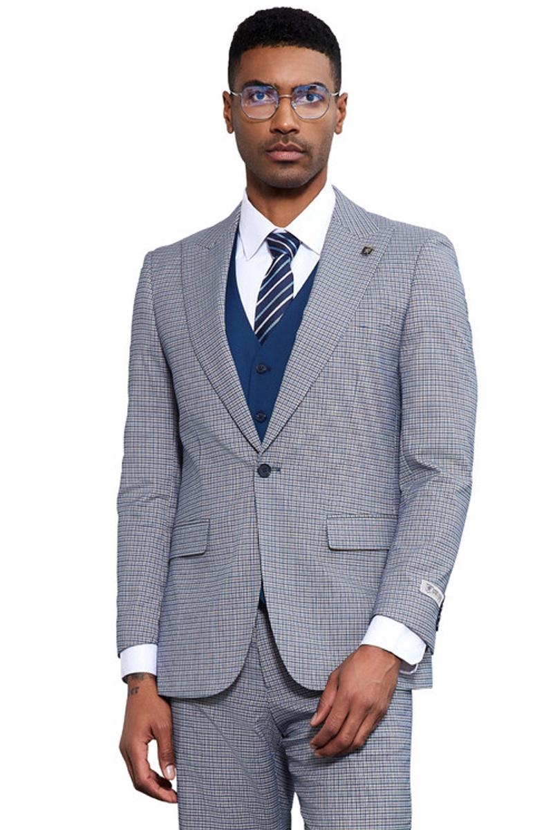 Men’s Stacy Adams One Button Peak Lapel Vested Micro Check in Light Blue with a French Blue Vest