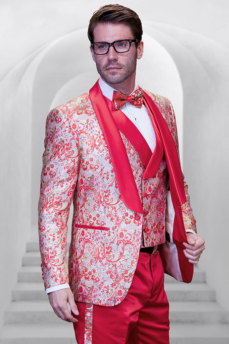 Men’s Vested Shiny Paisley Wedding Tuxedo with Double Breasted Vest in Coral Orange