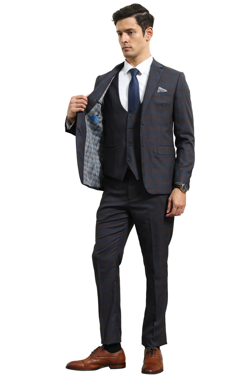 Men’s Modern Fit Two Button Suit with Scoop Vest in Blue & Brown Windowpane Plaid