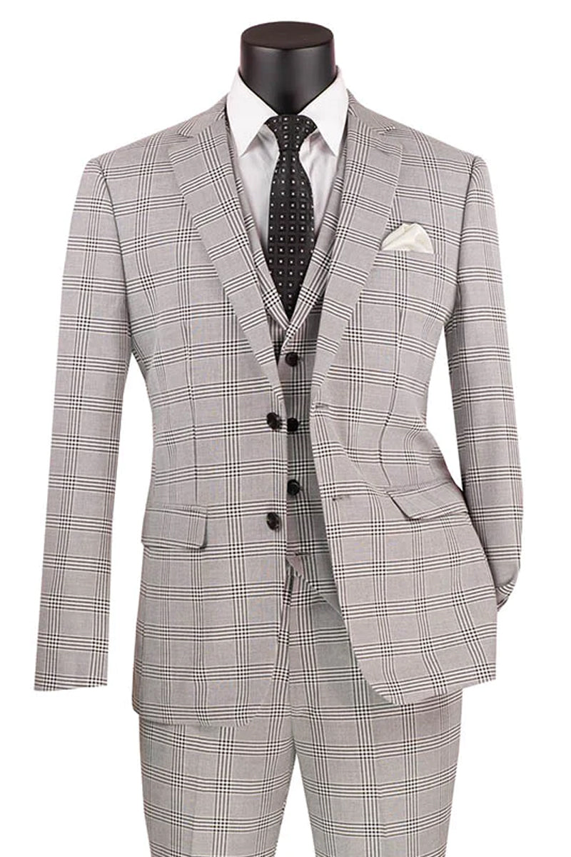 Men’s Slim Fit Vested Glen Plaid Summer Business Suit in Light Grey
