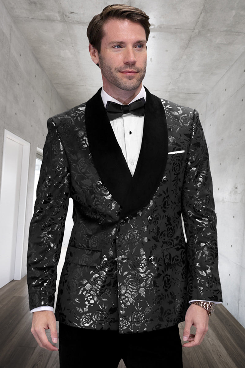 Men’s Double Breasted Foil Paisley Dinner Jacket Prom & Wedding Tuxedo in Black