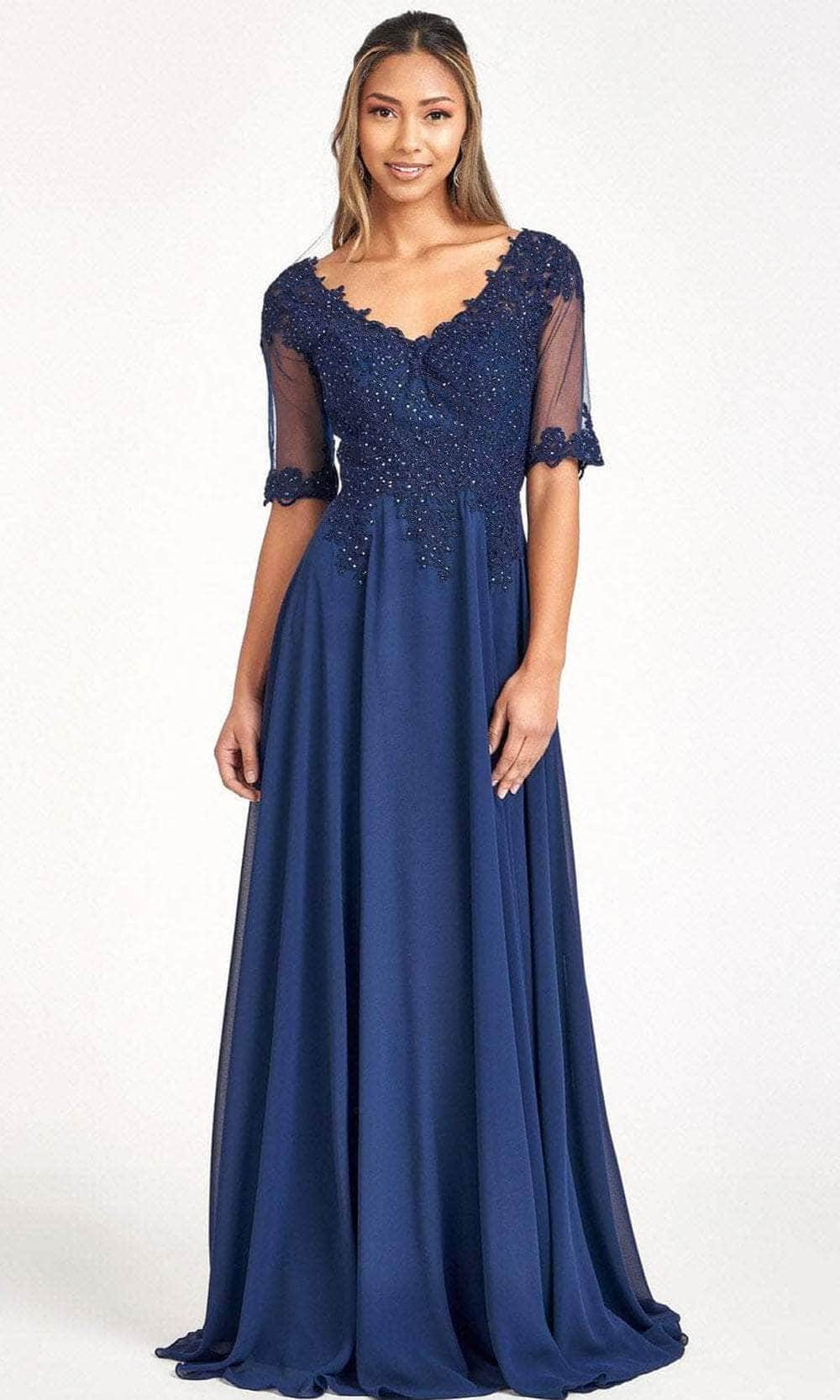 Sheer Quarter Sleeve Lace Applique Evening Dress