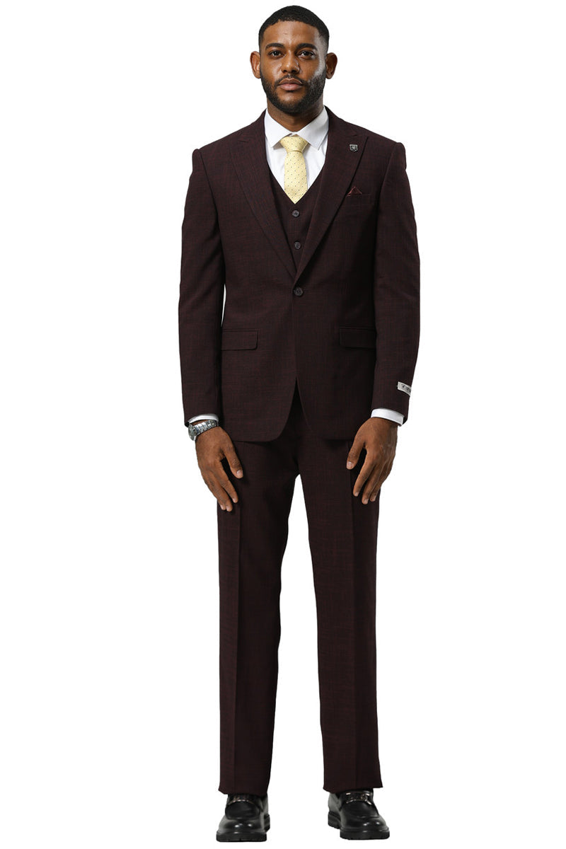 Men’s Stacy Adams One Button Peak Lapel Vested Sharkskin Suit in Burgundy