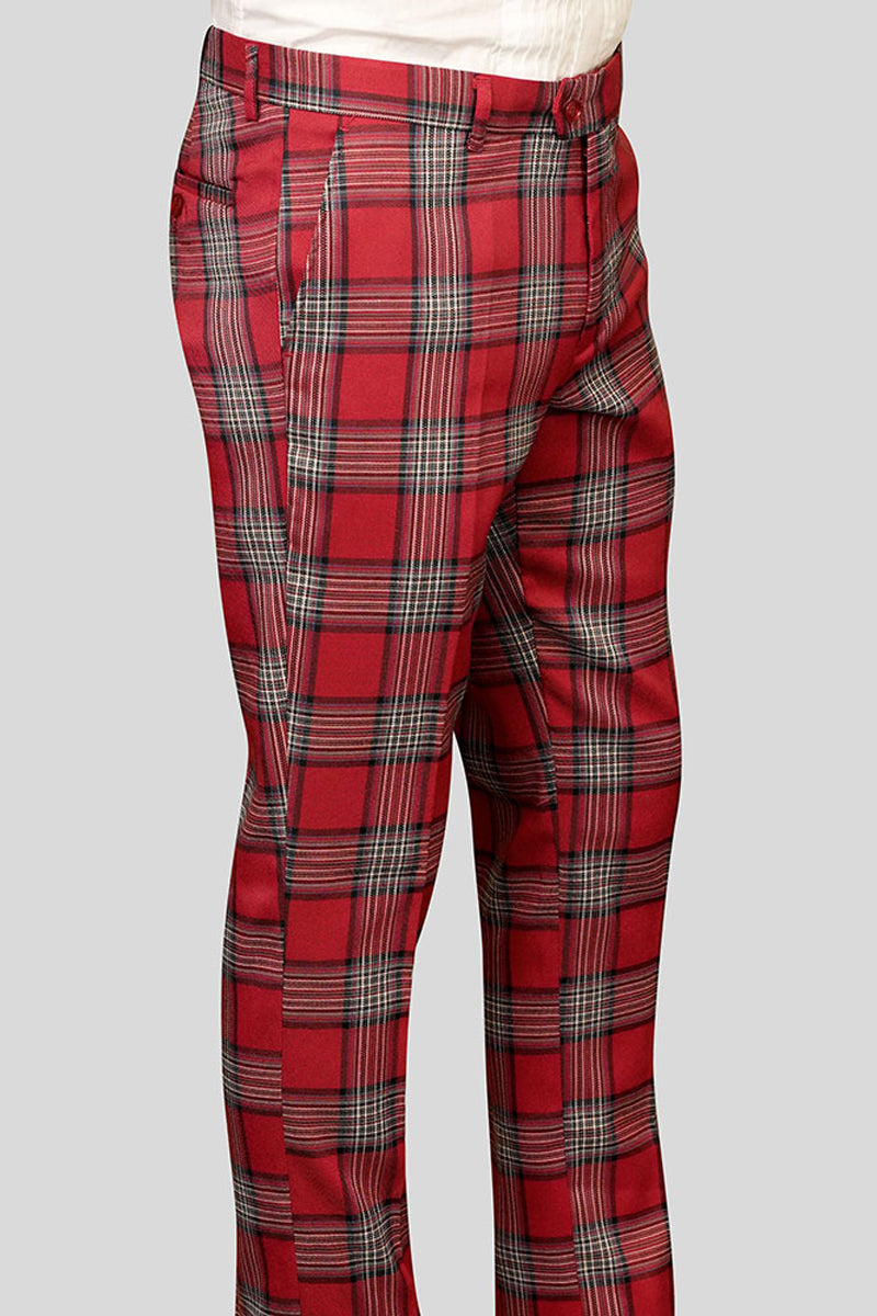 Men’s 100% Wool Slim Fit Flat Front Dress Pant in Red Plaid