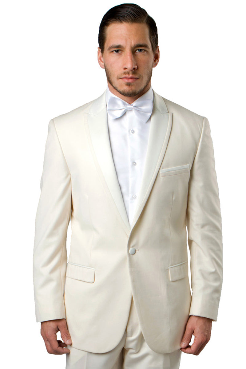 Men’s Slim Fit One Button Satin Trim Peak Lapel Prom & Wedding Tuxedo in Ivory