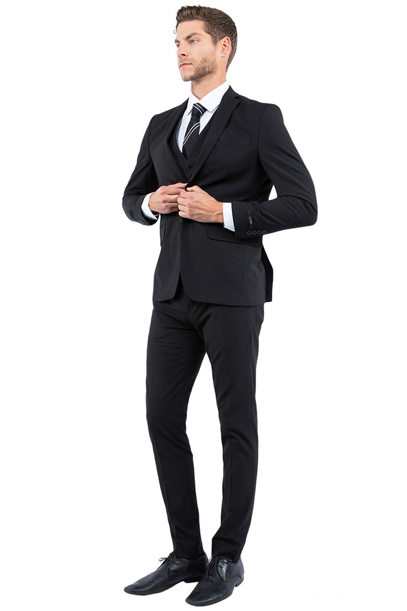Men’s One Button Vested Slim Fit Business & Wedding Suit in Black