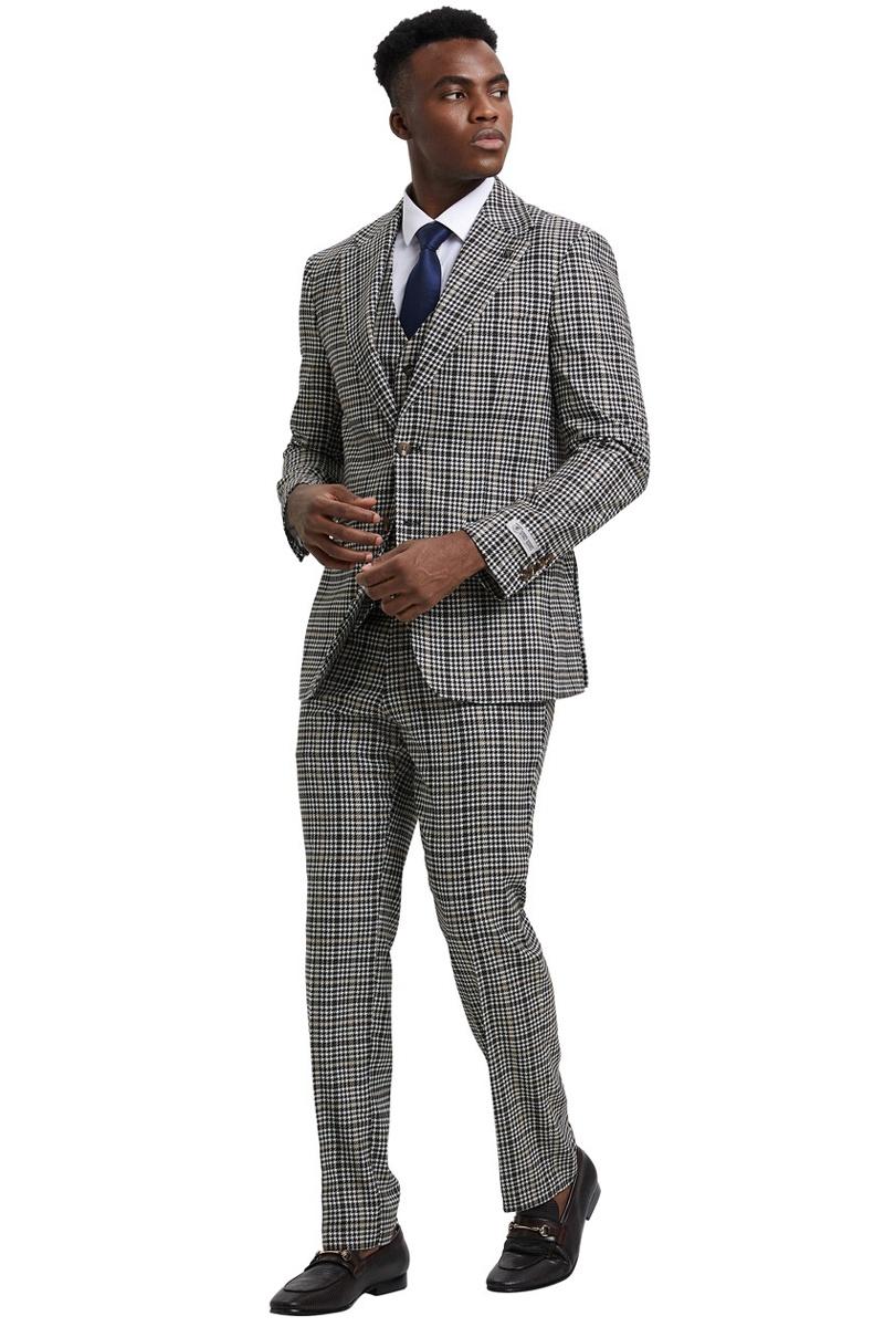 Men’s Stacy Adams Vested Modern Fit Houndstooth Glen Plaid Suit in Grey & Green