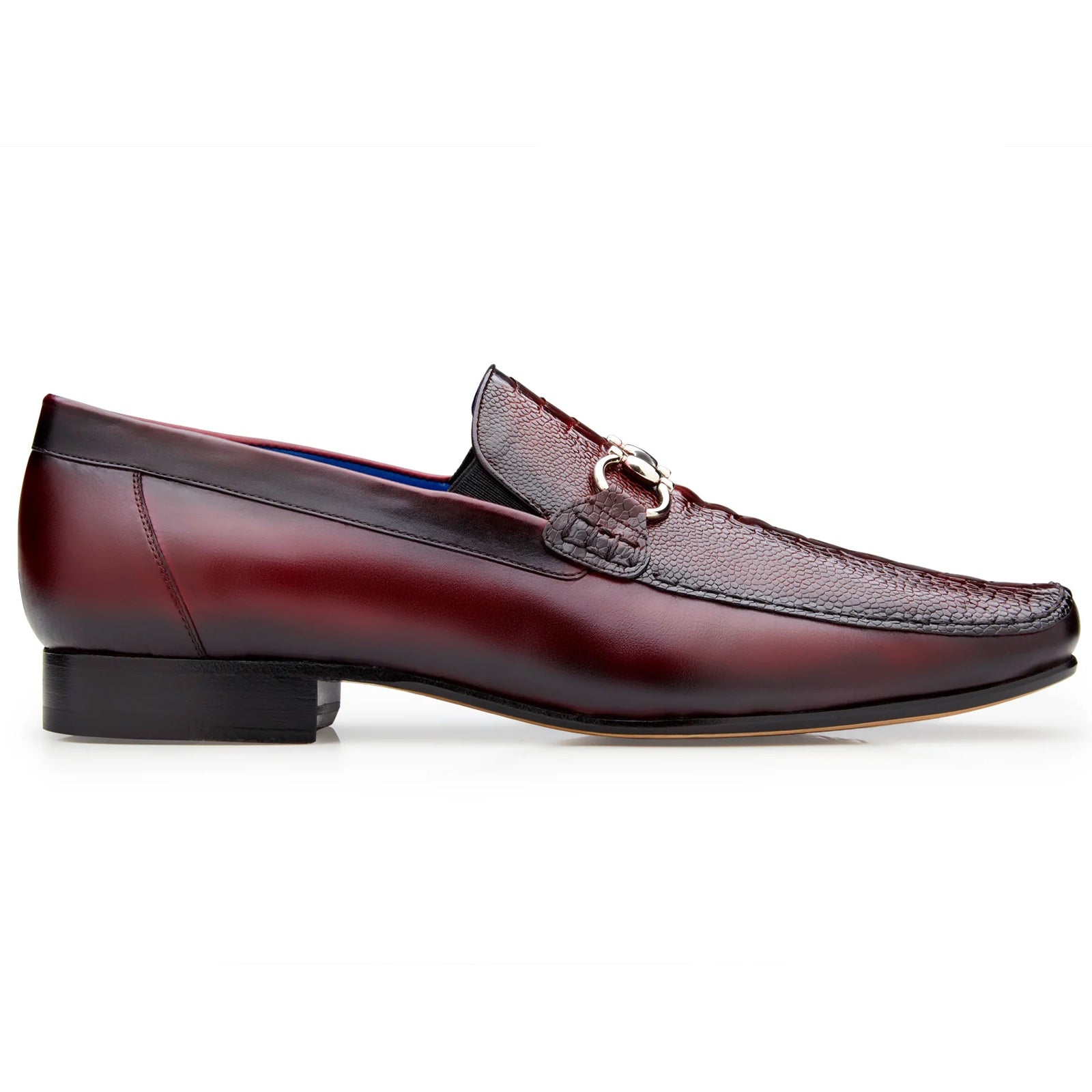 Men’s Belvedere Bruno Calfskin & Ostrich Leg Buckle Loafer in Burgundy
