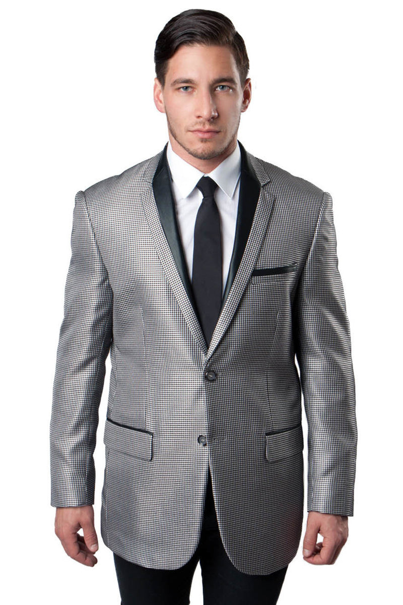 Men’s Two Button Houndstooth Tuxedo Blazer with Black Satin Trim in Black