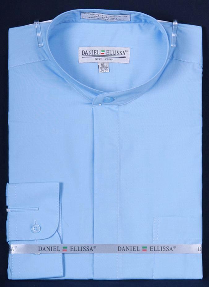 Men’s Classic Banded Collar French Front Dress Shirt in Light Blue