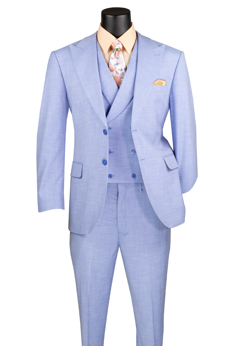 Men’s Summer Sharkskin Suit with Double Breasted Vest in Light Blue