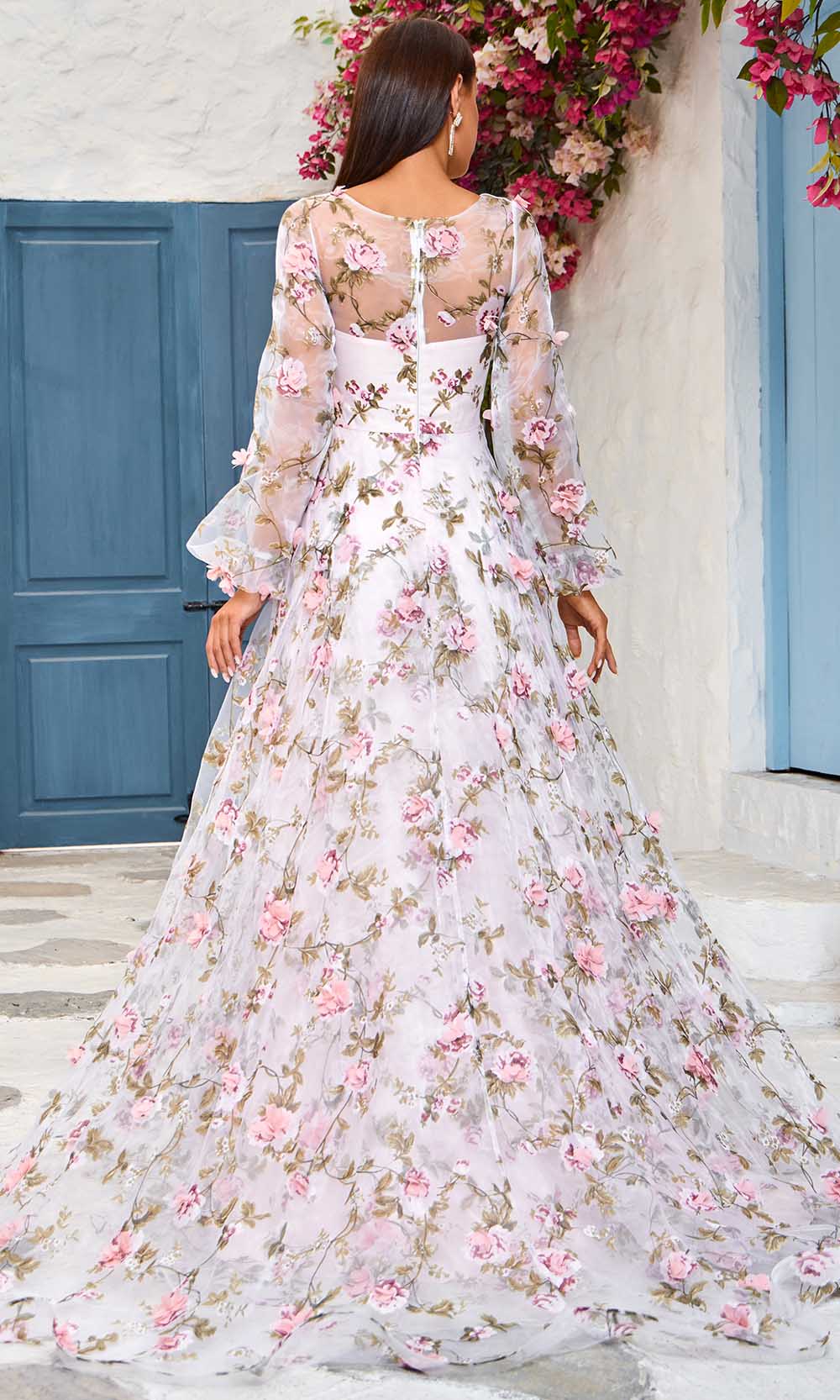 Floral Appliqued Bishop Sleeve Evening Dress