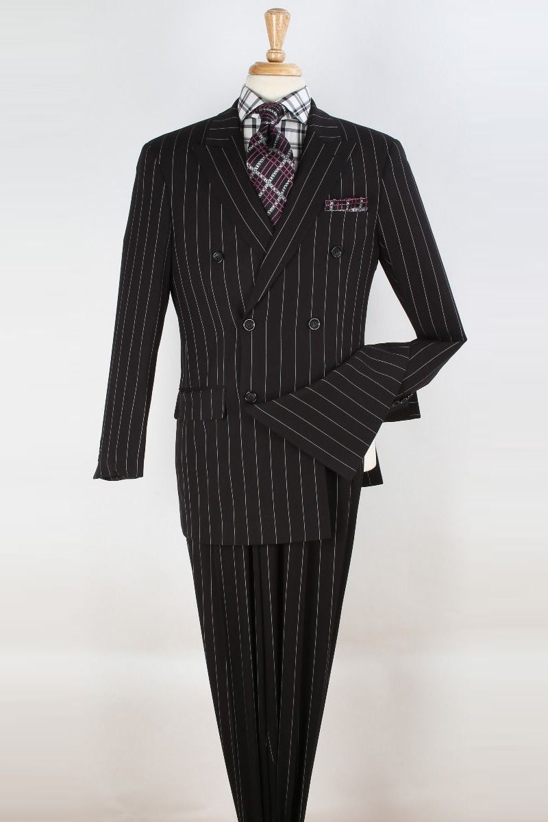 Mens Double Breasted 1920’s Wide Bold Gangster Pinstripe Suit in Black