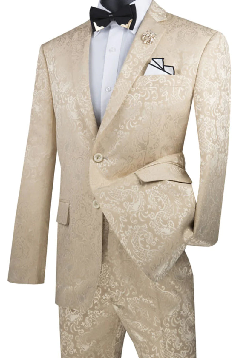 Men’s Slim Fit Shiny Paisley Prom & Wedding Suit in Beige