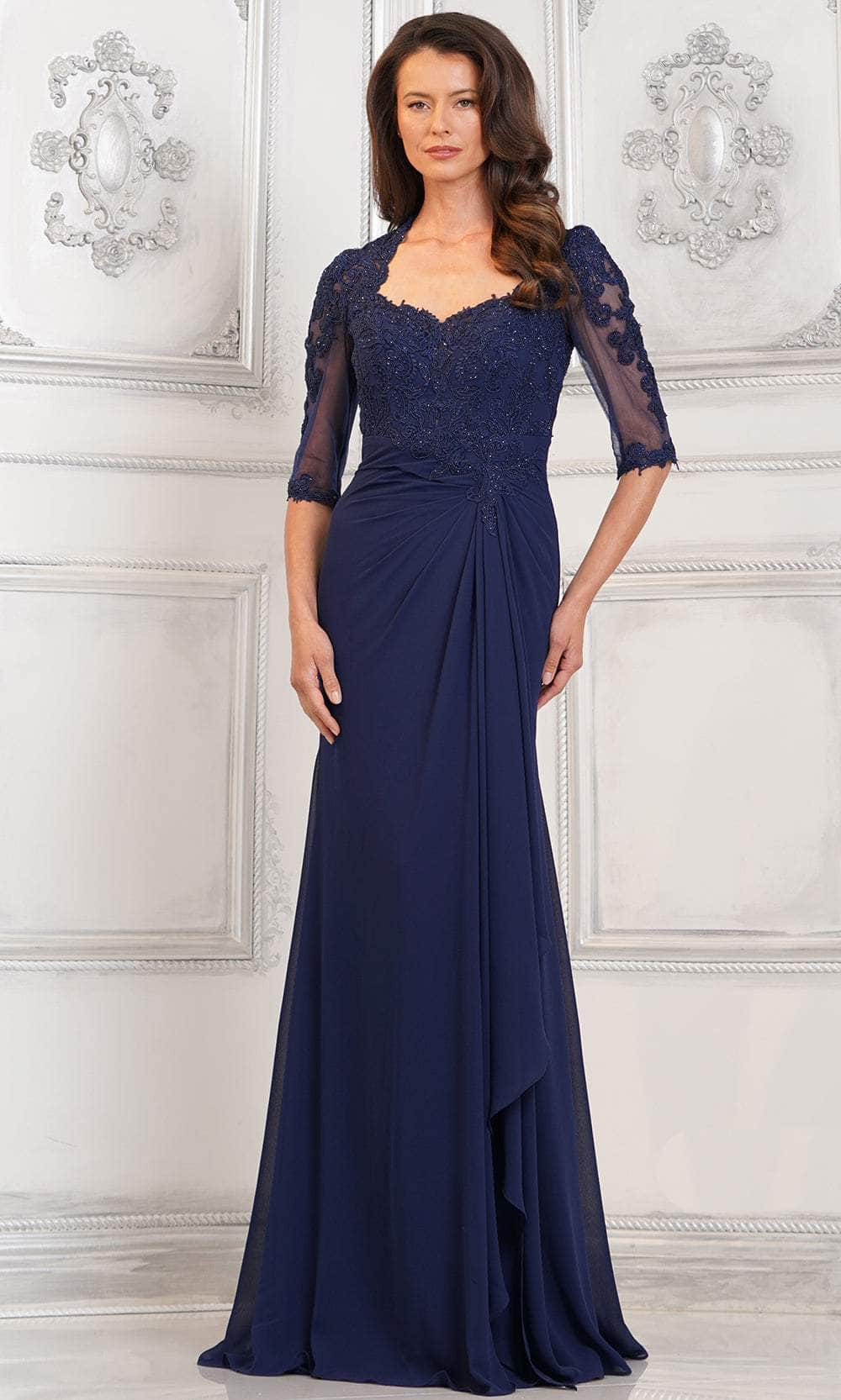 Quarter Sleeve Draped Formal Gown