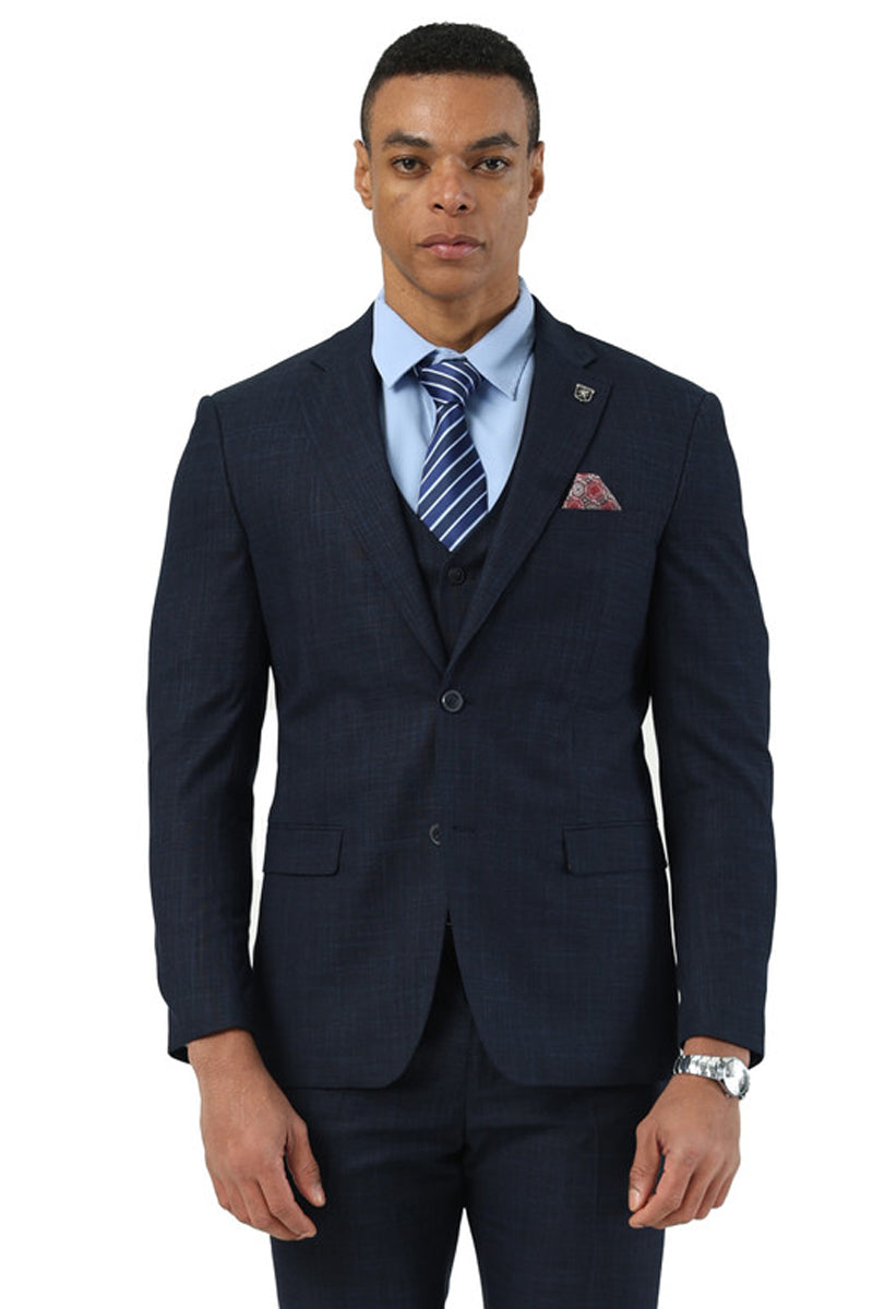 Men’s Designer Stacy Adams Vested Suit in Navy Blue Sharkskin Weave