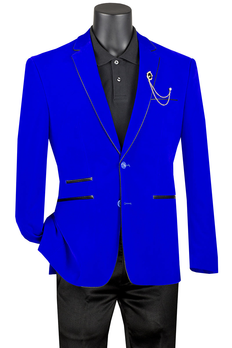 Men’s 2 Button Velvet Blazer in Royal Blue with Black leather Piping Trim