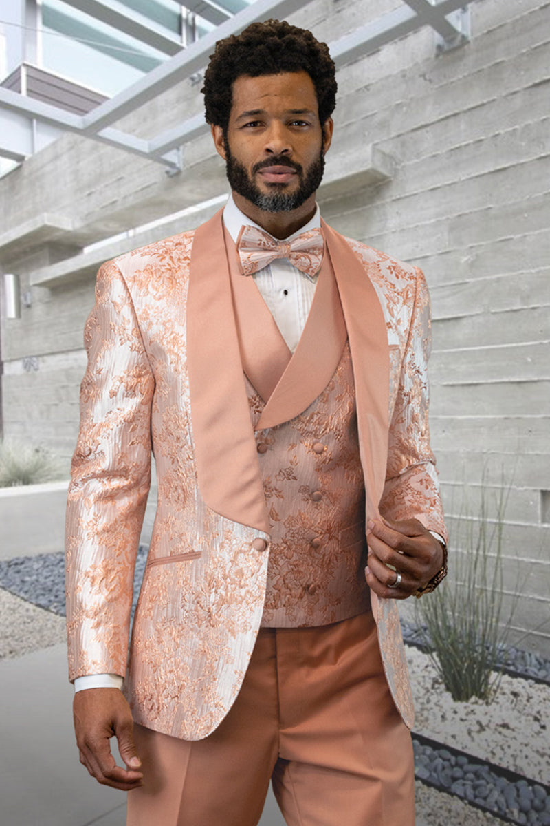 Men’s Vested Designer Prom & Wedding Tuxedo in Japanes Paisley Satin in Blush Pink