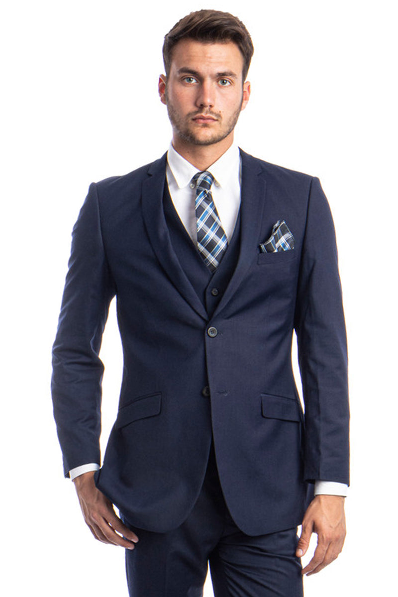Men’s Two Button Slim Fit Basic Vested Wedding Suit in Indigo Navy