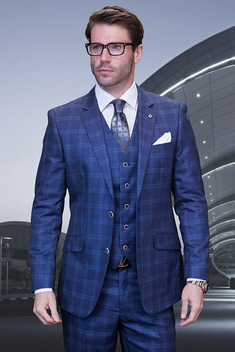 Men’s Designer Wool Two Button Vested Modern Fit Plaid Suit in Indio Blue