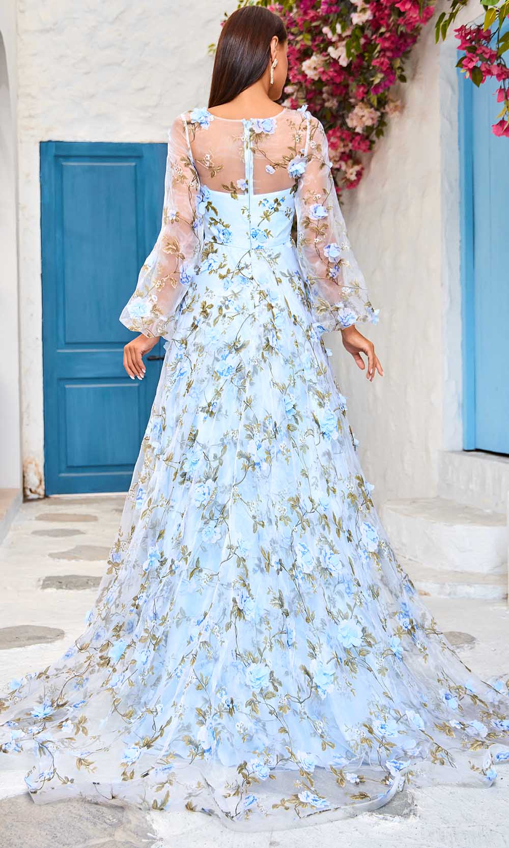 Floral Appliqued Bishop Sleeve Evening Dress