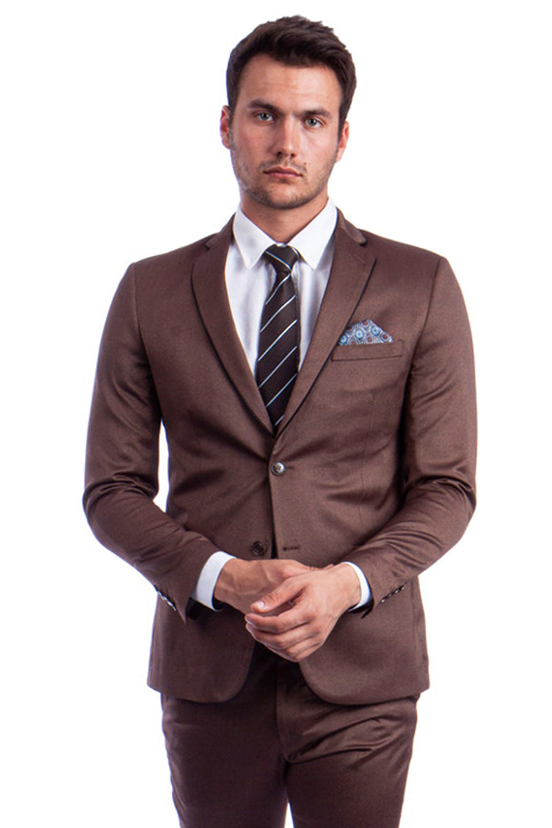 Men’s Slim Fit Two Button Shiny Sharkskin Suit in Light Brown Cognac with Black Lapel Trim