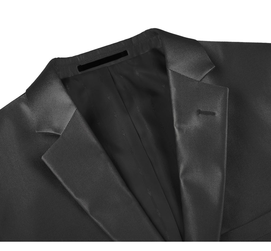Mens Basic Two Button Classic Fit Suit with Optional Vest in Shiny Black Sharkskin