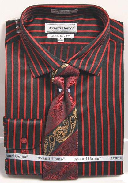 Men’s Slim Fit Spread Collar Dress Shirt & Tie Set in Bold Black & Red Gangster Pinstripe