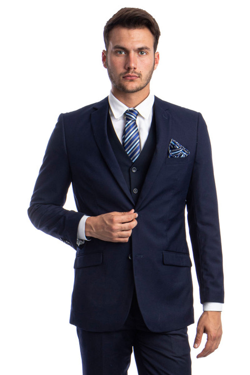 Men’s Two Button Basic Hybrid Fit Vested Suit in Navy Blue