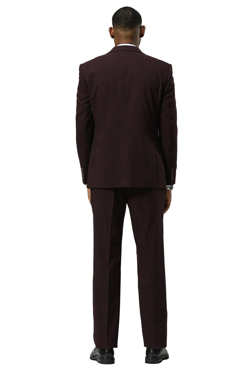 Men’s Stacy Adams One Button Peak Lapel Vested Sharkskin Suit in Burgundy