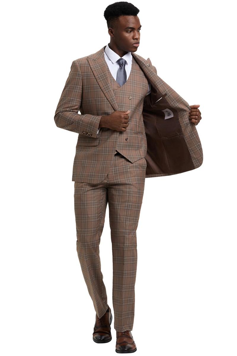 Men’s Stacy Adams One Button Peak Lapel Double Breasted Vest Suit in Light Brown Plaid