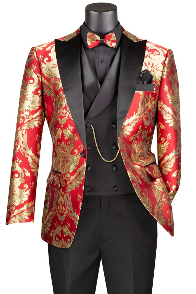 Men’s Shiny Paisley Jacquard Vested Wedding & Prom Tuxedo in Red & Gold