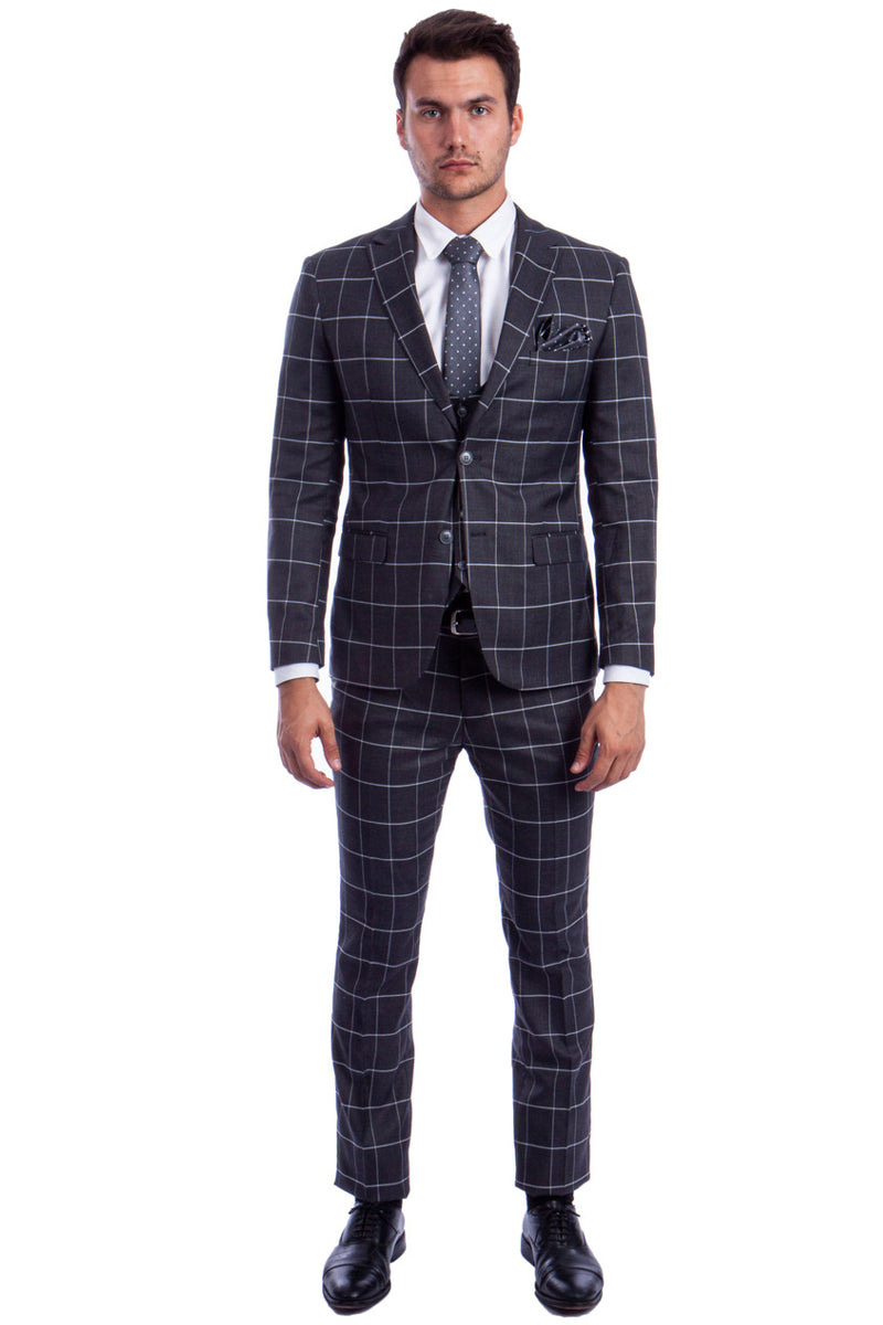 Men’s Two Button Vested Slim Fit Suit in Bold Grey & White Windowpane Plaid