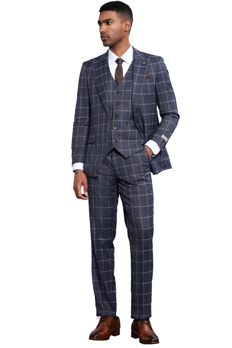 Men’s Stacy Adams Classic One Button Vested Windowpane Suit in Charcoal Grey