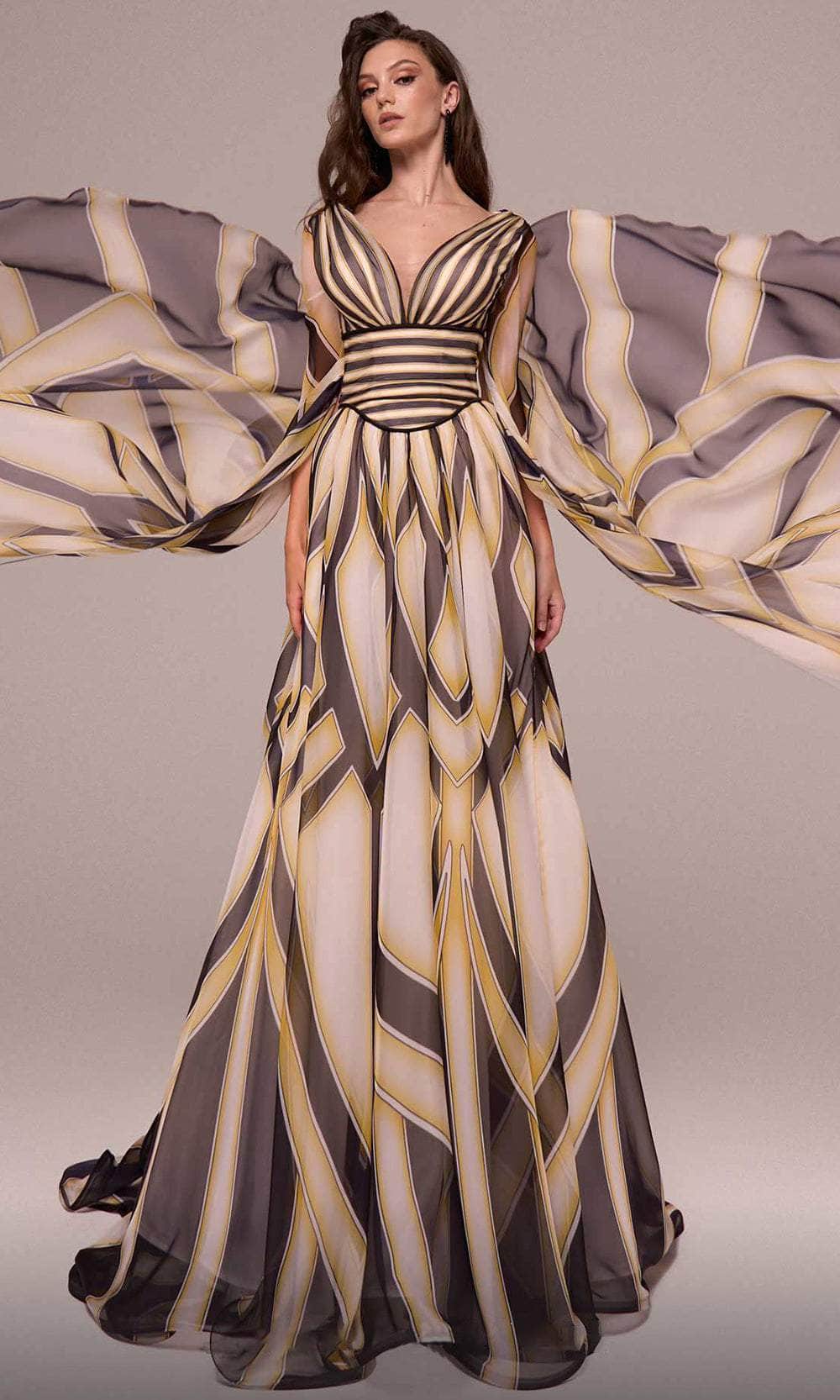 Printed Long Cape Sleeve Evening Gown