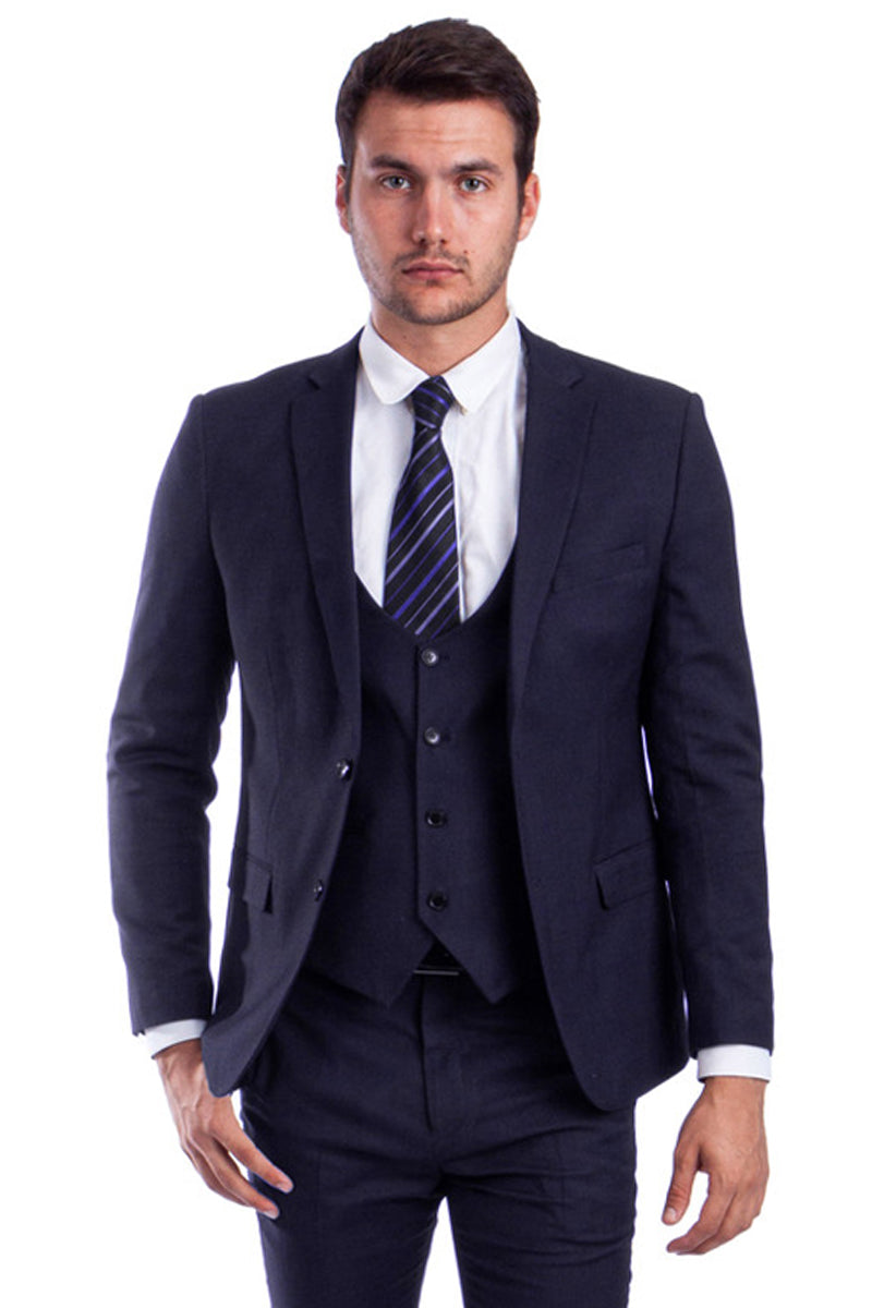 Men’s Two Button Skinny Fit Vested Suit in Navy Blue